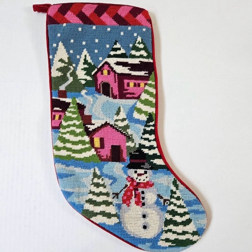 Vintage Needlepoint Christmas Stocking Snowman Winter Scene Trees Wool Velvet